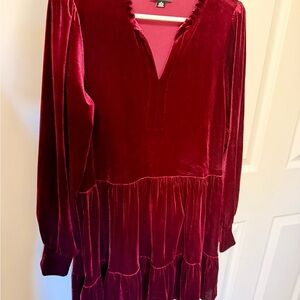 1.STATE Velvet Tiered Long Sleeve Dress in Wine